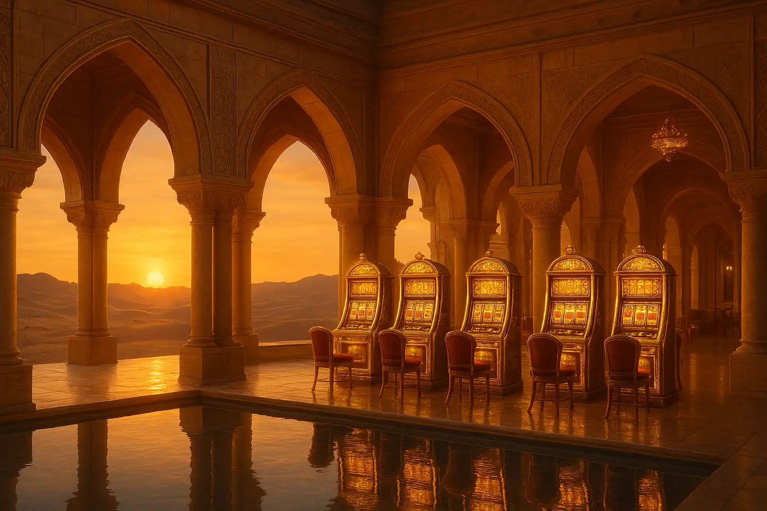 Golden desert palace with sandstone arches, glowing slot machines and a shimmering pool at sunset