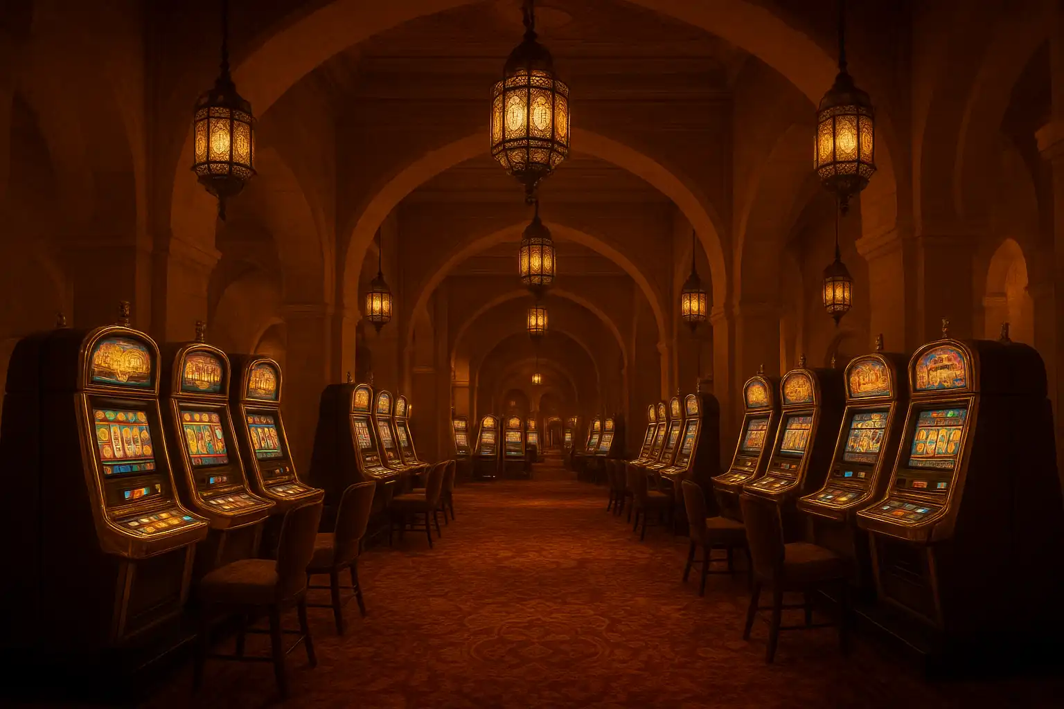Wide shot of the RAA Casino slot lobby with golden arches and glowing screens