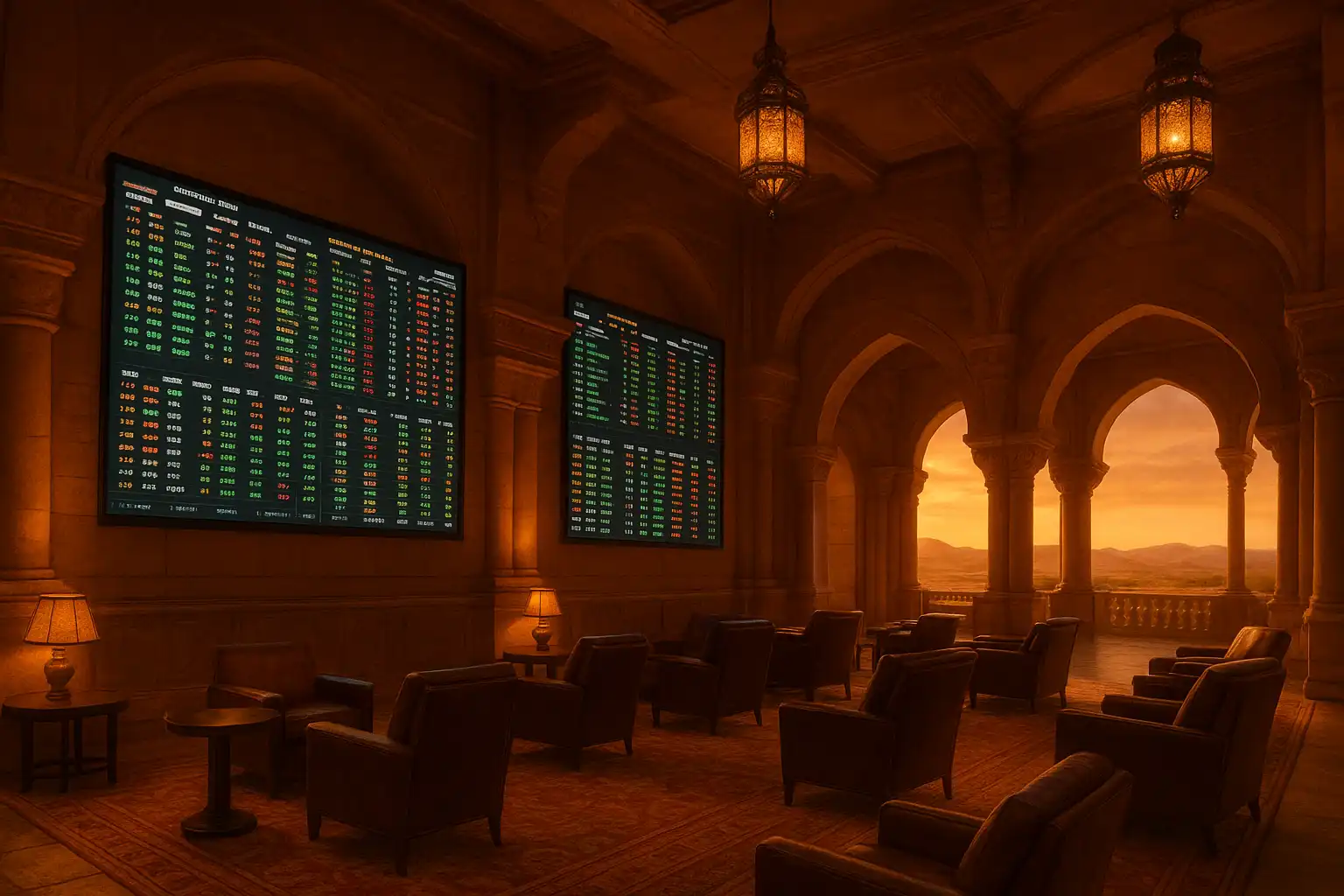 Sportsbook betting lounge with golden desert decor and live match odds on screens
