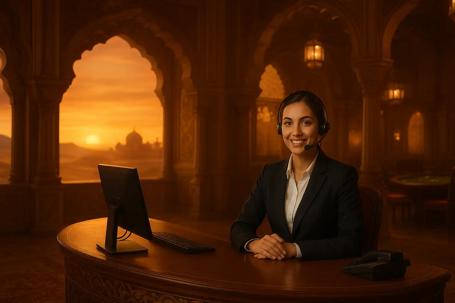 Support desk with headset and desert palace decor representing RAA Casino customer service