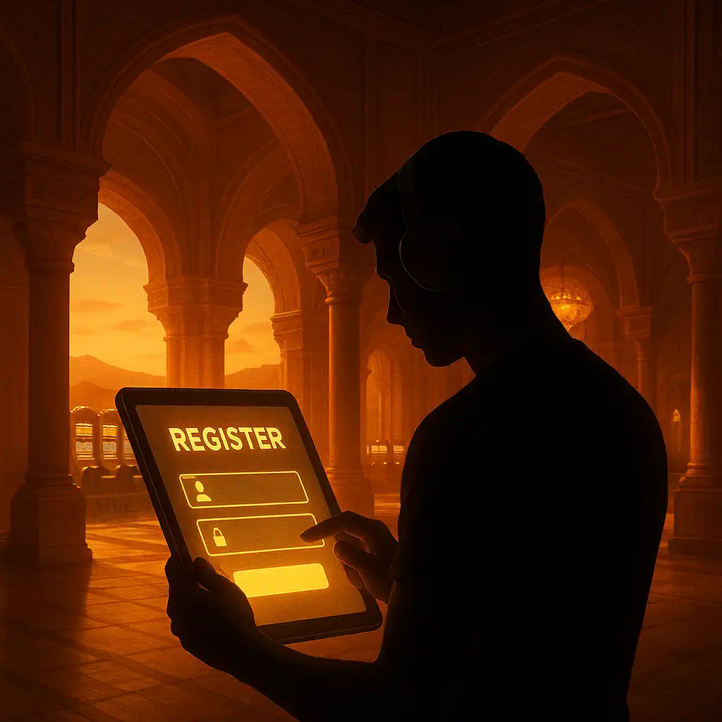 Player creating an account on a golden desert-themed registration screen